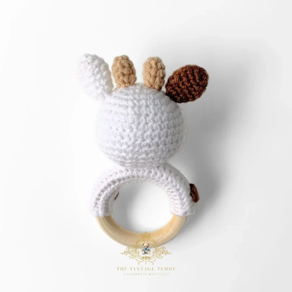 NWT Cute Handmade Crochet Cow Baby Rattle Baby & Toddler Wooden Plush Toys